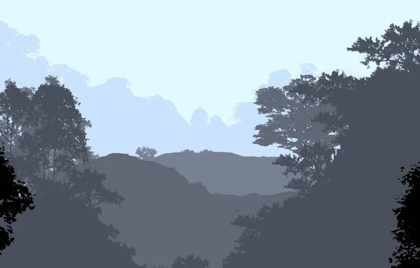 2Dイラスト 霧の中の木々深い森のかすみ 植物や葉で覆われた丘 低木と茂み雄大な眺め 落ち着いた場所 — ストック写真