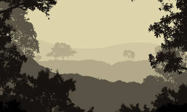 2d illustration. Trees in the fog. Deep forest haze. Hills covered by plants and foliage. Shrubs and bushes. Majestic view. Deep forest.