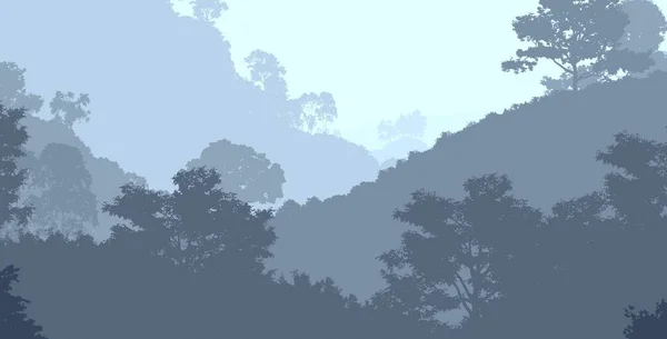 Çizim Siste Ağaçlar Ormanın Derin Sisi Bitkiler Yapraklarla Kaplı Tepeler — Stok fotoğraf