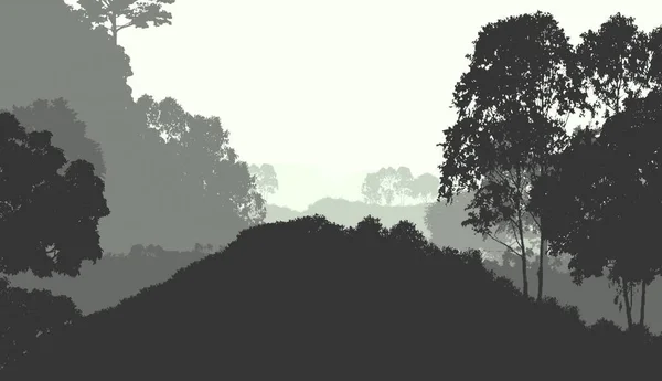 Illustration Träd Dimman Djupt Skogshämmande Kullar Täckta Växter Och Lövverk — Stockfoto