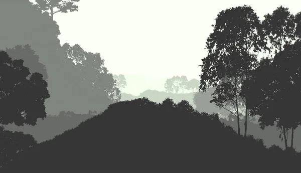 Illustration Trees Fog Deep Forest Haze Hills Covered Plants Foliage — Stock Photo, Image