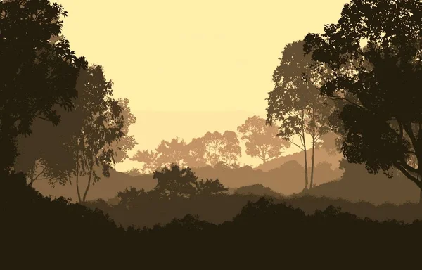 2d illustration. Trees in the fog. Deep forest haze. Hills covered by plants and foliage. Shrubs and bushes. Deciduous wood.