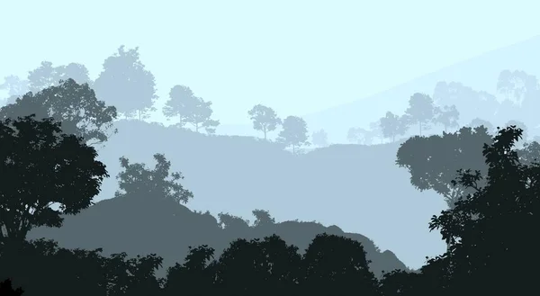 霧の森の木と抽象的なシルエットの背景 — ストック写真
