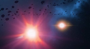 2D çizim. Derin geniş uzay. Parlak yıldızlar, gezegenler, uydular. Çeşitli bilim kurgu yaratıcı arka planlar. Uzay sanatı. Uzaylı güneş sistemleri. Uzaktan. Gerçekçi arka plan derin evren.