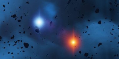 2D çizim. Derin geniş uzay. Parlak yıldızlar, gezegenler, uydular. Çeşitli bilim kurgu yaratıcı arka planlar. Uzay sanatı. Uzaylı güneş sistemleri. Uzaktan. Gerçekçi arka plan derin evren.