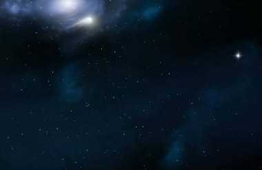 2d illüstrasyon. Derin geniş alan. Yıldızlar, gezegenler ve uydular. Çeşitli bilim kurgu yaratıcı fon. Uzay sanatı. Uzaylı güneş sistemleri. Gerçekçi arka plan 