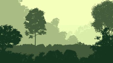 2D çizim. Siste ağaçlar. Ormanın derin sisi. Bitkiler ve yapraklarla kaplı tepeler. Çalılar ve çalılar. Muhteşem bir manzara. Ormanın derinliklerinde.