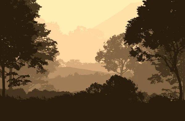 2d illustration. Trees in the fog. Deep forest haze. Hills covered by plants and foliage. Shrubs and bushes. Majestic view. Deep forest.