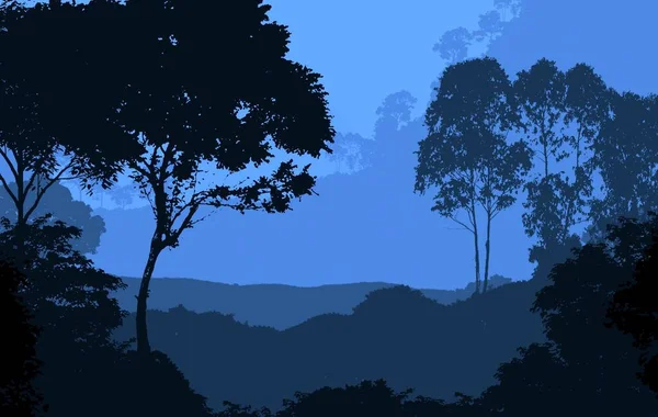 Illustrazione Alberi Nella Nebbia Foresta Profonda Foschia Colline Coperte Piante — Foto Stock