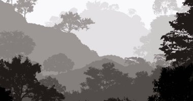 sisli orman ağaçları ile soyut siluetli arka plan