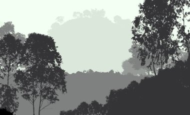 sisli orman ağaçları ile soyut siluetli arka plan