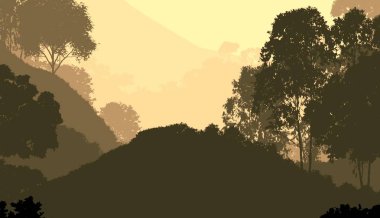sisli orman ağaçları ile soyut siluetli arka plan