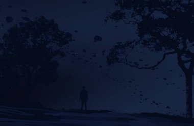 2d illüstrasyon. Gerçekçi yıldız deseni arka planı. Derin yıldızlararası uzay. Parlak yıldızlar yanıp söner, gezegenler, uydular. Çeşitli bilim kurgu yaratıcı fon. Uzay sanatı. Hayali kozmik fon.