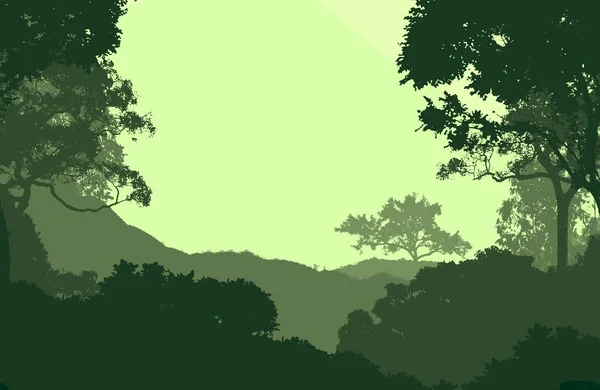 2番目のイラスト 霧の中の木 深い森の霞 植物や葉で覆われた丘 低木や茂み 落葉樹 — ストック写真