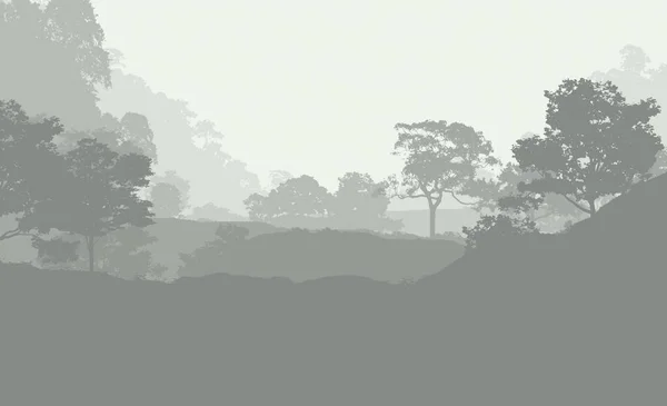 2d illustration. Trees in the fog. Deep forest haze. Hills covered by plants and foliage. Shrubs and bushes. Deciduous wood.