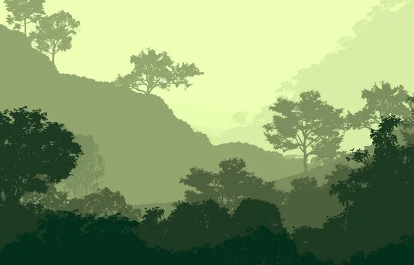 2d illustration. Trees in the fog. Deep forest haze. Hills covered by plants and foliage. Shrubs and bushes. Deciduous wood.