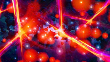 Soyut bilim kurgu geçmişi, fütüristik duvar kağıdı ve teknoloji konsepti. Veri bağlantısı ve uzayın derinliklerindeki gelecekteki robot gezegen. Uzaylılar ve klon mühendisliği 