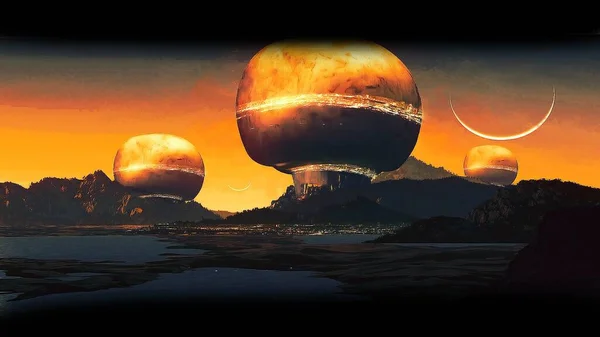 Soyut bilim kurgu geçmişi, fütüristik duvar kağıdı ve teknoloji konsepti. Veri bağlantısı ve uzayın derinliklerindeki gelecekteki robot gezegen. Uzaylılar ve klon mühendisliği 