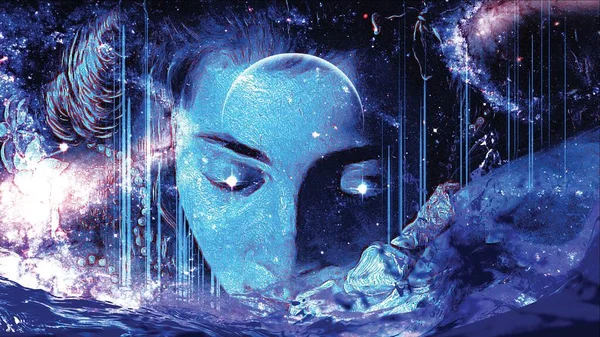 Soyut bilim kurgu geçmişi, fütüristik duvar kağıdı ve teknoloji konsepti. Veri bağlantısı ve uzayın derinliklerindeki gelecekteki robot gezegen. Uzaylılar ve klon mühendisliği 