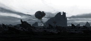 Soyut bilim kurgu geçmişi, fütüristik duvar kağıdı ve teknoloji konsepti. Veri bağlantısı ve uzayın derinliklerindeki gelecekteki robot gezegen. Uzaylılar ve klon mühendisliği 