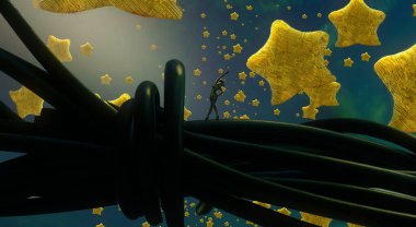 Palmiyesinde balık ve patates kızartması olan soyut bir arkaplan.