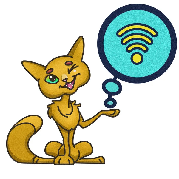 Cat demonstriert die Möglichkeit, das Internet und das Wi-Fi-Netzwerk zu nutzen — Stockfoto