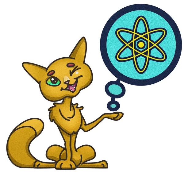 Katze zeigt eine Ikone eines Atoms — Stockfoto