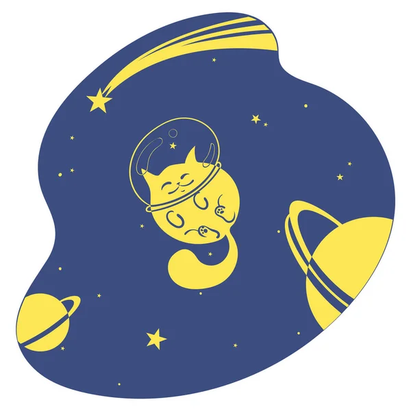 Cute happy cat among the stars and planets in space, yellow, blue