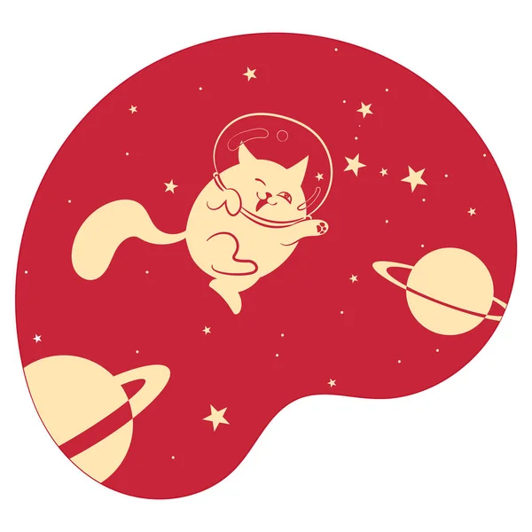 Cute happy cat among the stars and planets in space, red