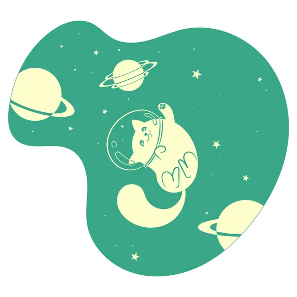 Cute happy cat among the stars and planets in space,green