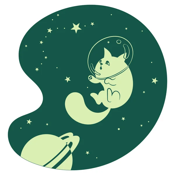 Niedliche glückliche Katze unter den Sternen und Planeten im All, grün — Stockfoto