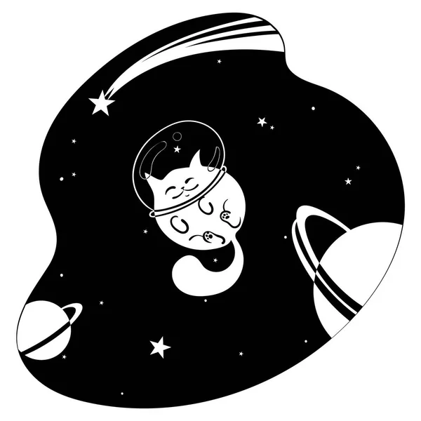 星や惑星空間 漫画のベクトル描画と猫スペース ベクトルの宇宙服のヘルメットの中で幸せな猫 — ストックベクタ