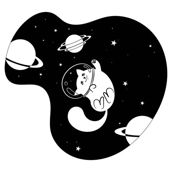 Chat heureux mignon parmi les étoiles et les planètes dans l'espace — Image vectorielle