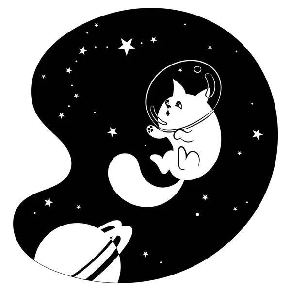 Niedliche glückliche Katze unter den Sternen und Planeten im All — Stockvektor
