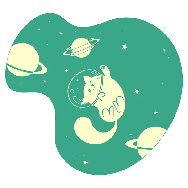 Χαριτωμένο γάτα ευτυχισμένος από τα αστέρια και πλανήτες στο διάστημα, διάνυσμα — Διανυσματικό Αρχείο