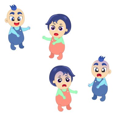 Sevimli küçük kız ve erkek farklı duygularla ile ayarlayın. Çeşitli yüz ifadeleri. Mutlu çocuk, bebeğin ağlamasını. Renkli vektör.