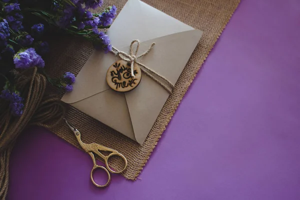 Handmade wedding card, paper craft, purple background with flowers