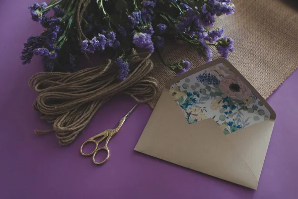 Handmade wedding card, paper craft, purple background with flowers