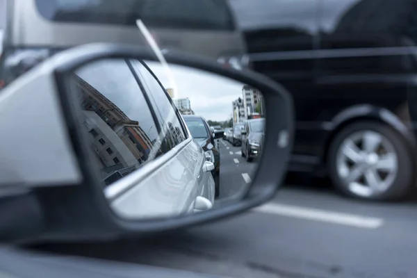 Rearview Mirror Car Reflected Traffic — Stock Photo, Image