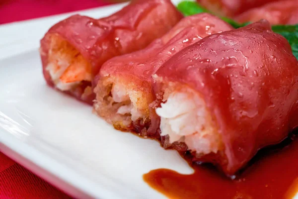 A Cantonese morning tea dim sum, Shrimp Crispy Red Rice Intestines