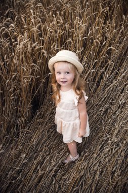 Hasır şapka ve beyaz elbise ayakta buğday alanında sarışın kız