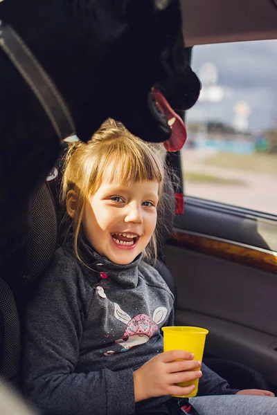 Little Girl Black Labrador Car — Stock Photo, Image