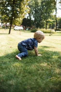yaz parkında taze yeşil çim üzerinde sürünen sevimli küçük sarışın çocuk 