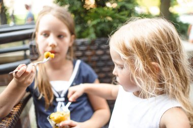 güneşli bir günde kafede birlikte otururken dondurma yiyen sevimli küçük kız kardeşler 
