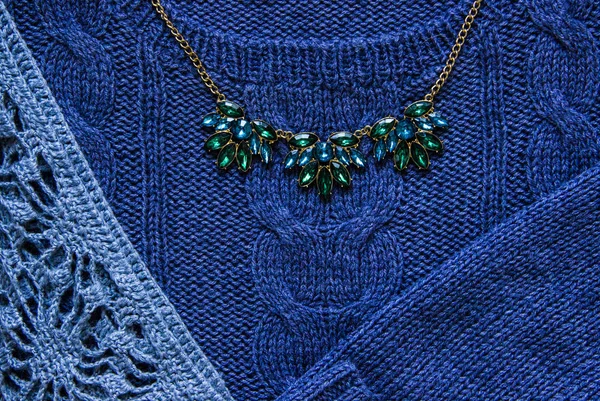 Knitting Hand Made Concept Blue Knitted Sweater Green Necklace Gold — Stock Photo, Image