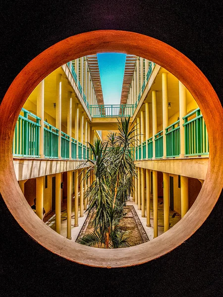 Mısır 'da bir otelde, yuvarlak pencereden bir palmiye ağacı.