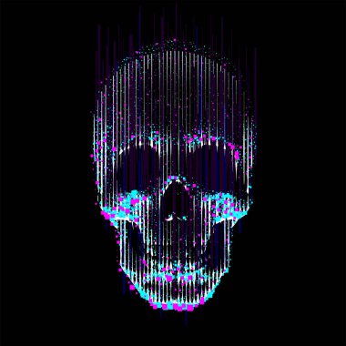 Vektör glitch çizgi- sanat kafatası İnsan kafatası ön görünümü, altından aydınlanmış, dikey çizgiler ve renk parçacıkları ve piksel ler tarafından yapılan. 