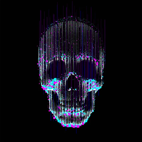 Vecteur Glitch Line Art Crâne Crâne Humain Vue Face Éclairé — Image vectorielle