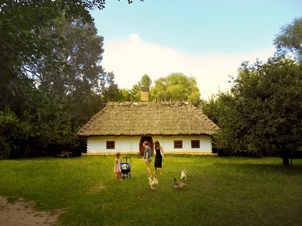 Casa Albă Rurală Acoperiș Thatched Fundal Copaci Iarbă Verde Cer — Fotografie, imagine de stoc