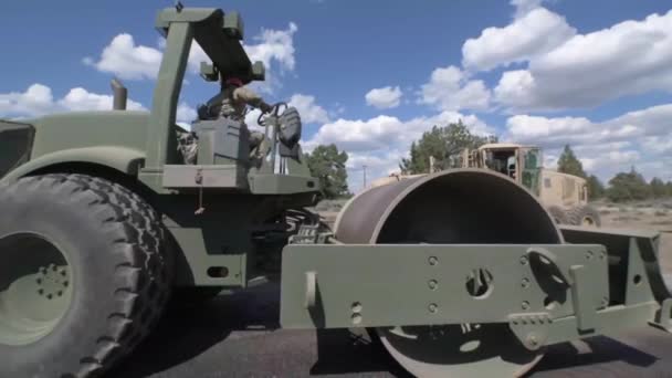 Slow Motion View Steamroller Running Construction Area — Stock Video